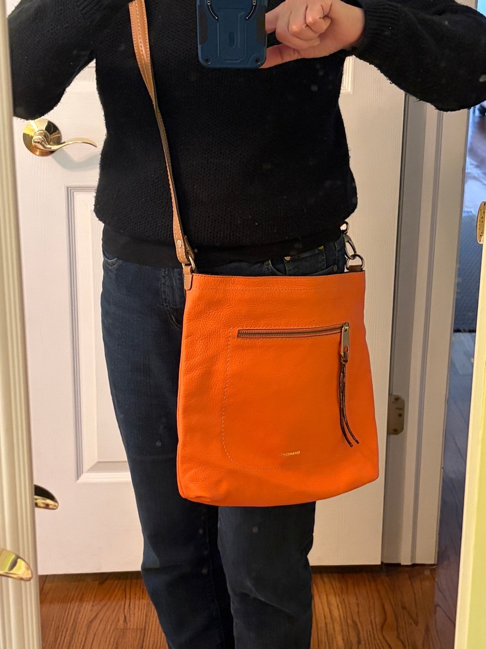 Dimoni Orange Leather Crossbody Bag with Tan Strap